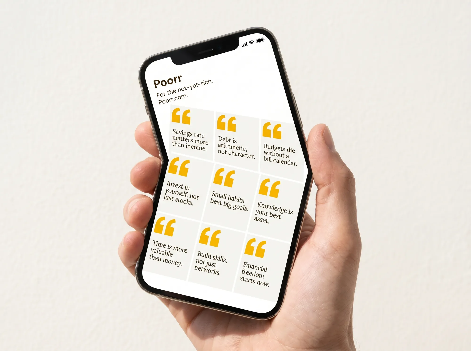 Instagram Carousel Grid — Nine Poorr Instagram tiles arranged 3×3 on a profile view. Each 1080×1080 square sits on warm off-white (#FAFAF7) with one Lora pull quote in warm charcoal (#1F1815), anchored by a citrus yellow (#F5B800) quotation mark in DM Sans. The grid reads like a newspaper page, not a lifestyle feed.