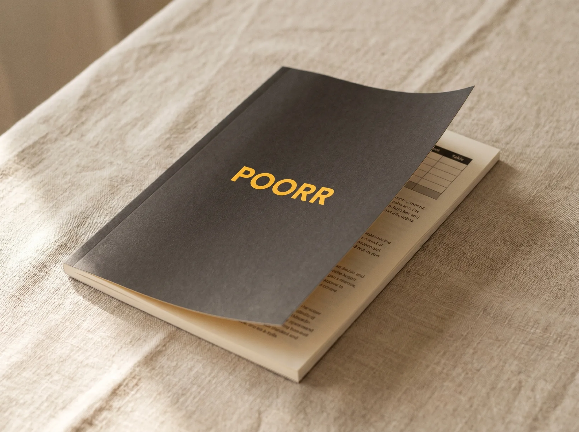 Poorr Monthly Workbook — A 48-page paperback budget workbook with an uncoated warm charcoal (#1F1815) cover and the word POORR centered in DM Sans bold 40pt, citrus yellow (#F5B800). Interior pages set in Lora for long prompts and DM Sans for table headers, on warm off-white (#FAFAF7) stock. The object feels like a field notebook, not a self-help book.