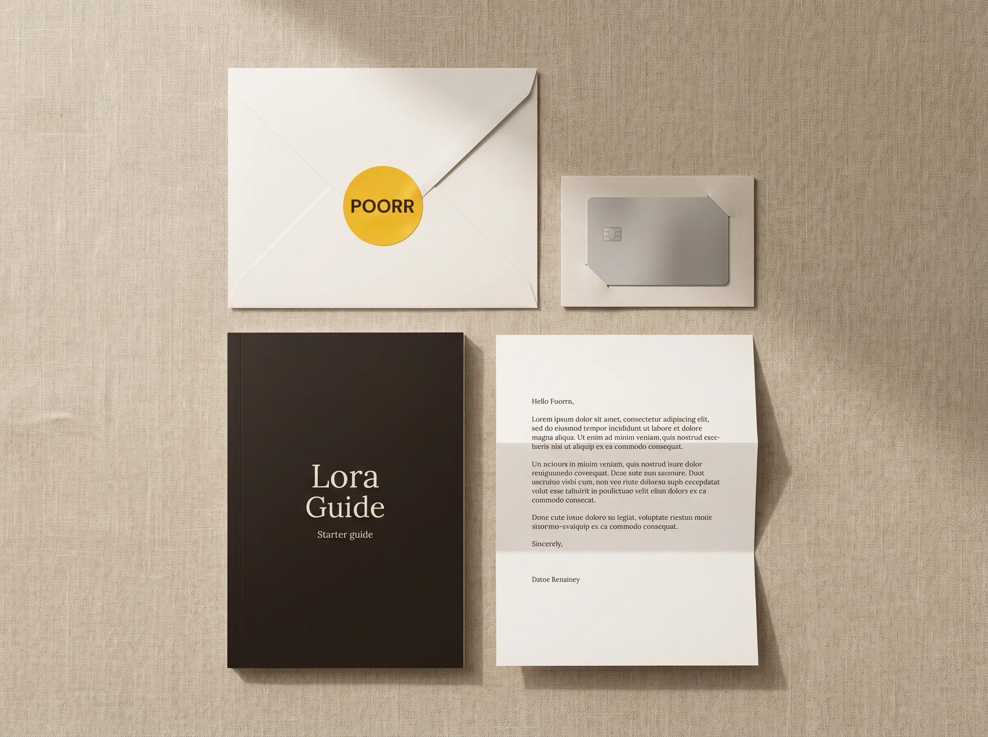 Welcome Kit Unboxing — A first-deposit welcome kit: a warm off-white (#FAFAF7) mailer sealed with a citrus yellow (#F5B800) circular sticker reading POORR in DM Sans. Inside, the metal card in a recycled paperboard sleeve, a 32-page Lora-typeset starter guide, and a warm beige (#F3F1EB) letter in warm charcoal (#1F1815) ink. Nothing plastic, nothing loud.