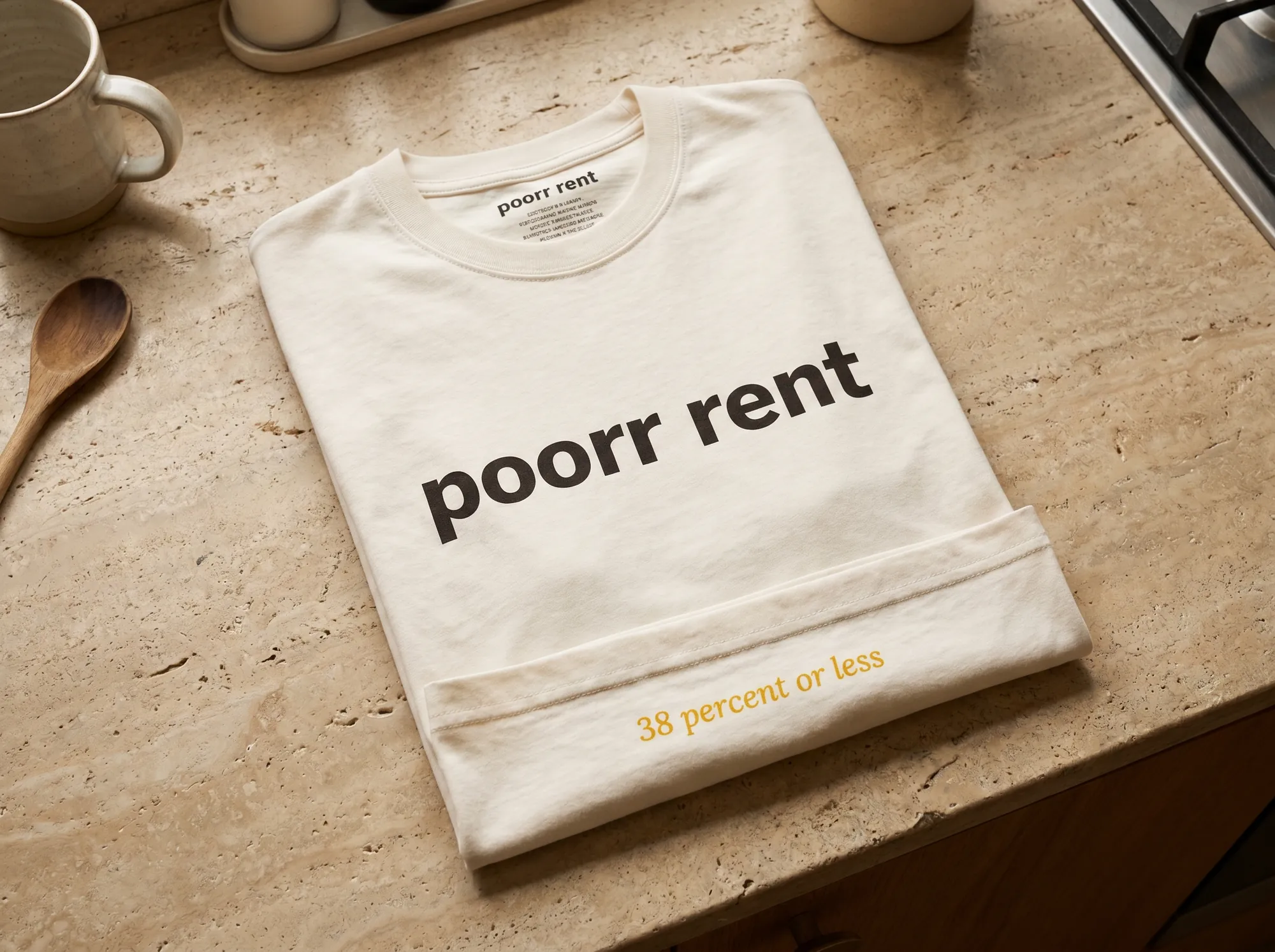 Poorr Renter Tee (Apparel) — A heavyweight cream cotton tee with the wordmark in warm charcoal and a small Lora italic line at the hem reading '38 percent or less.' For Rent module subscribers.