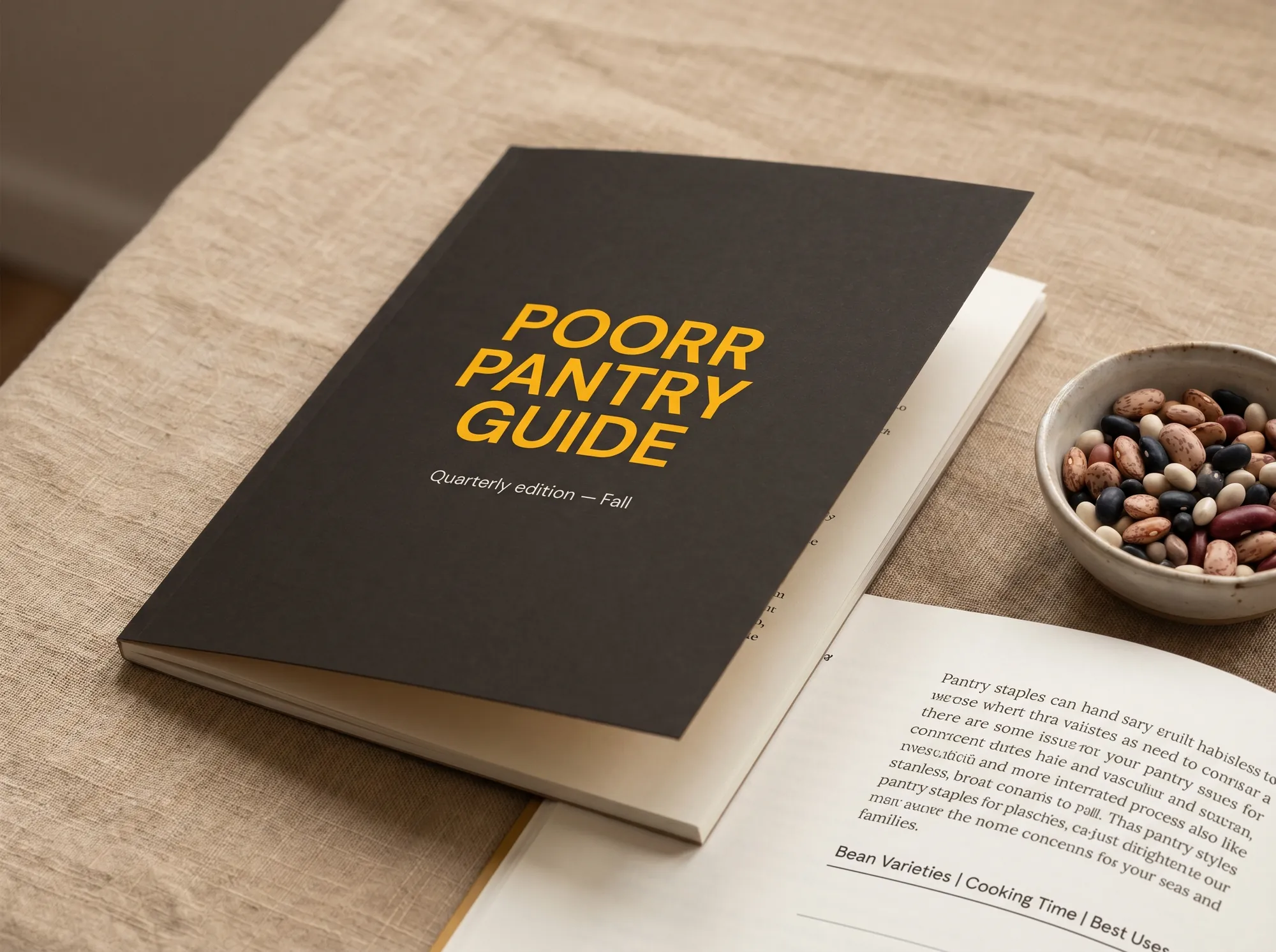 Poorr Pantry Guide (Printed guide) — A quarterly 48-page printed guide to pantry strategy for the season — honest recommendations on staples, store-brand audits, freezer and dry-goods economics, and the base meals the pantry should be able to support.