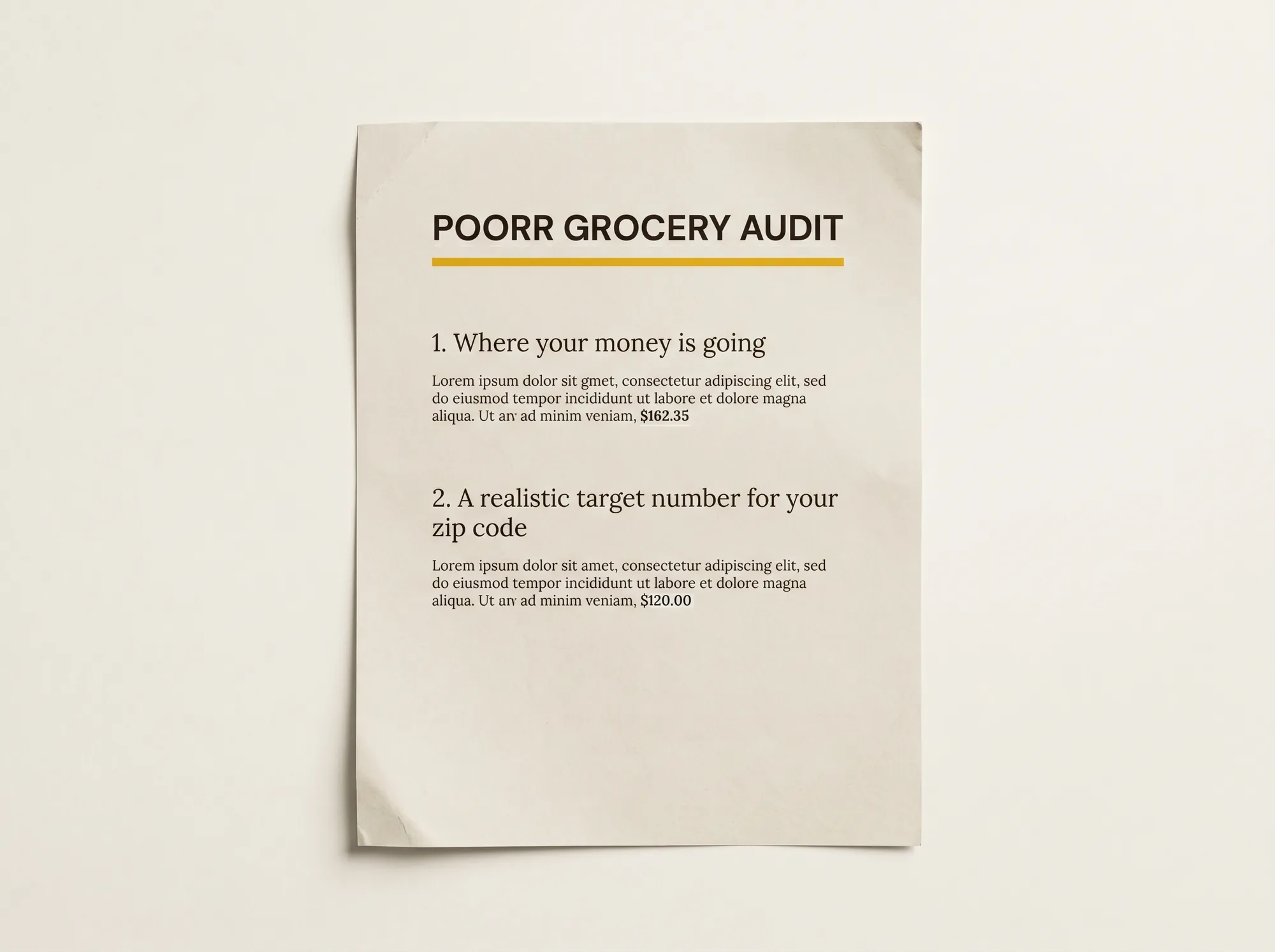 Poorr Grocery Audit (Service) — A one-time household grocery audit: a Poorr editor reviews a month of grocery receipts and returns a written assessment of where the household is overspending and what a realistic target weekly number looks like for their zip code.