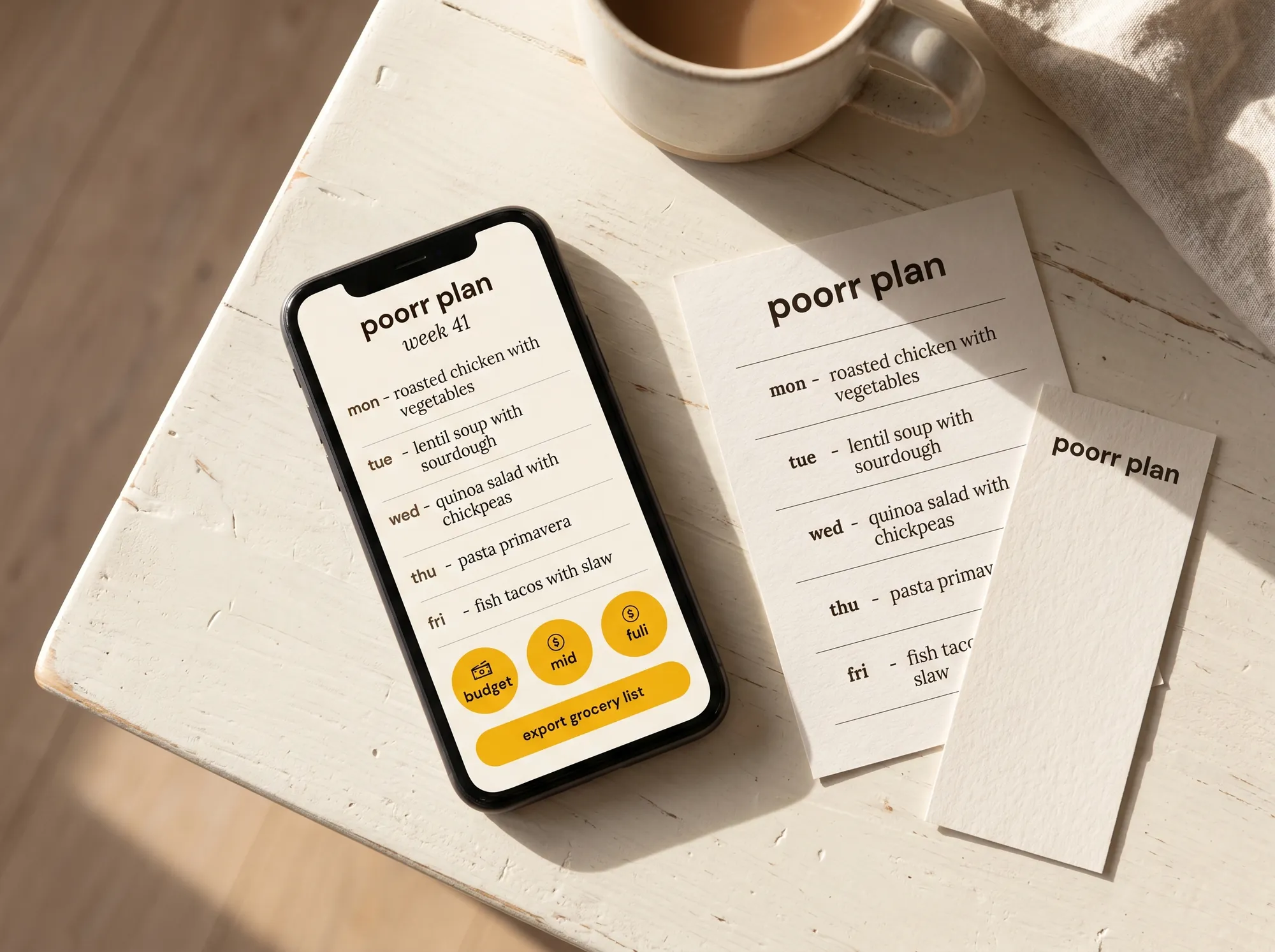 Poorr Plan App (App) — The phone app for Plan subscribers — week's meals, citrus budget/mid/full pricing tiers, and a single-tap grocery-list export.