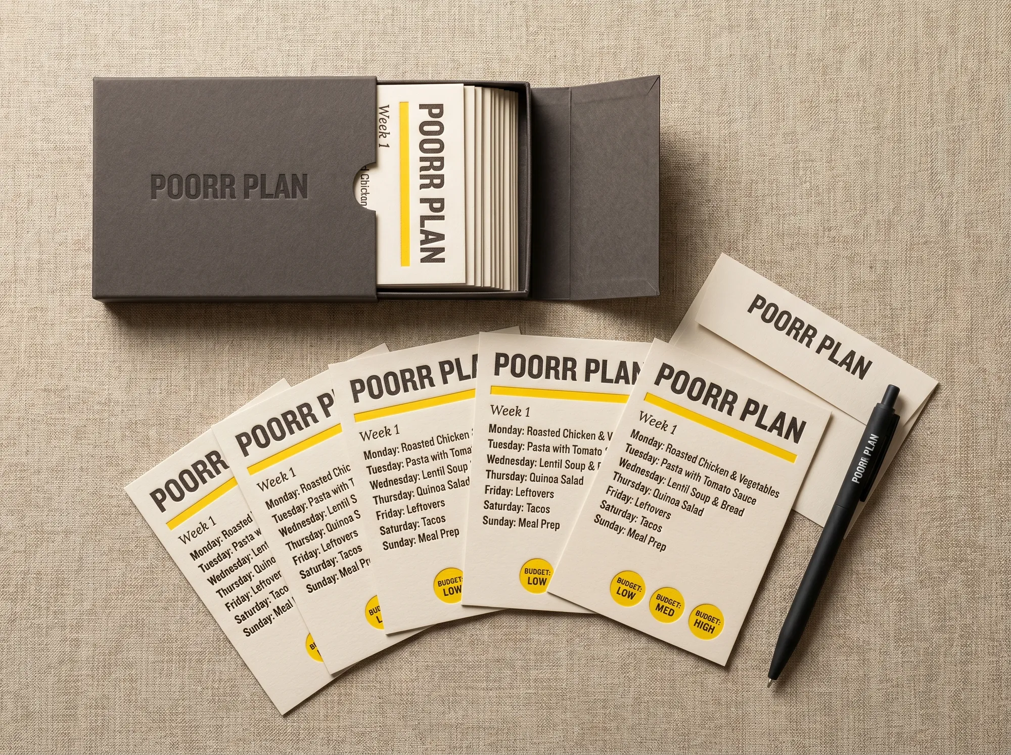 Poorr Meal Plan Card Set (Stationery) — A flat case of fifty letterpress weekly-meal cards — wordmark, week-number field, five meal rows, citrus budget-tier badges.