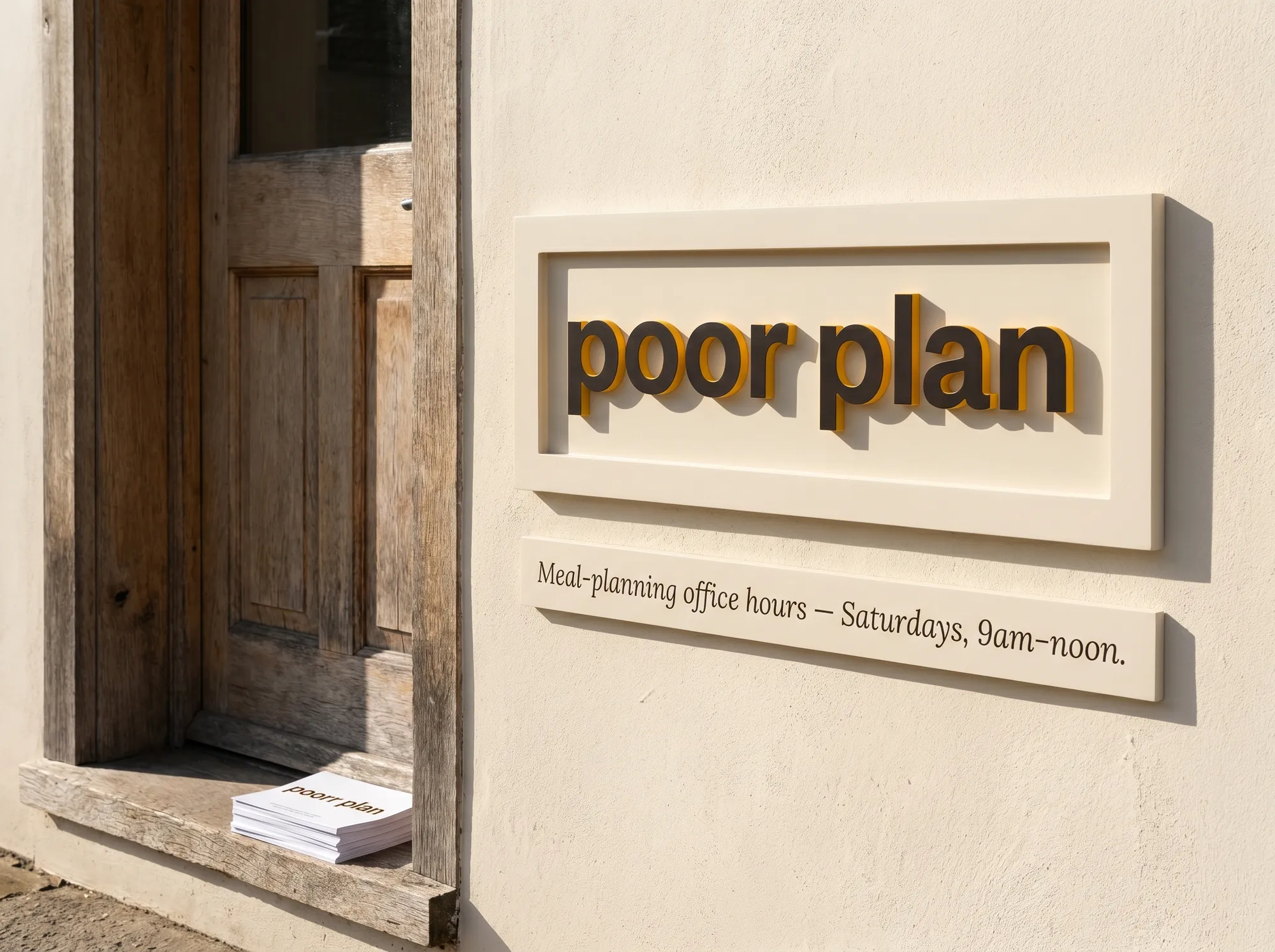 Poorr Pantry Plate (Signage) — The painted-MDF wordmark plate at community-pantry partners hosting Poorr meal-planning office hours — working public signage marking the partnership.