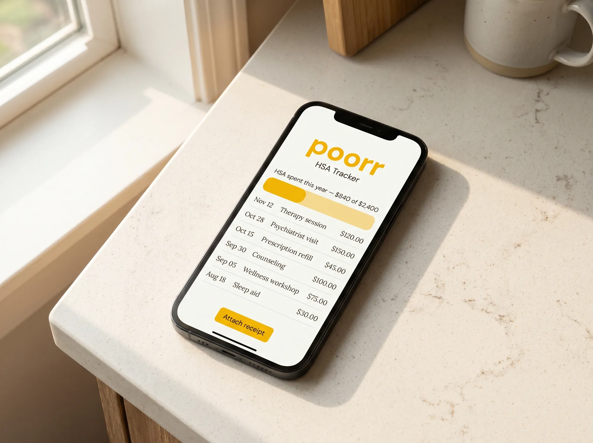 Poorr HSA Tracker (Mobile app module) — A simple in-app module that tracks mental-health-eligible HSA and FSA spending, keeps receipts organized for year-end documentation, and flags when a claim is likely to be denied and how to appeal.