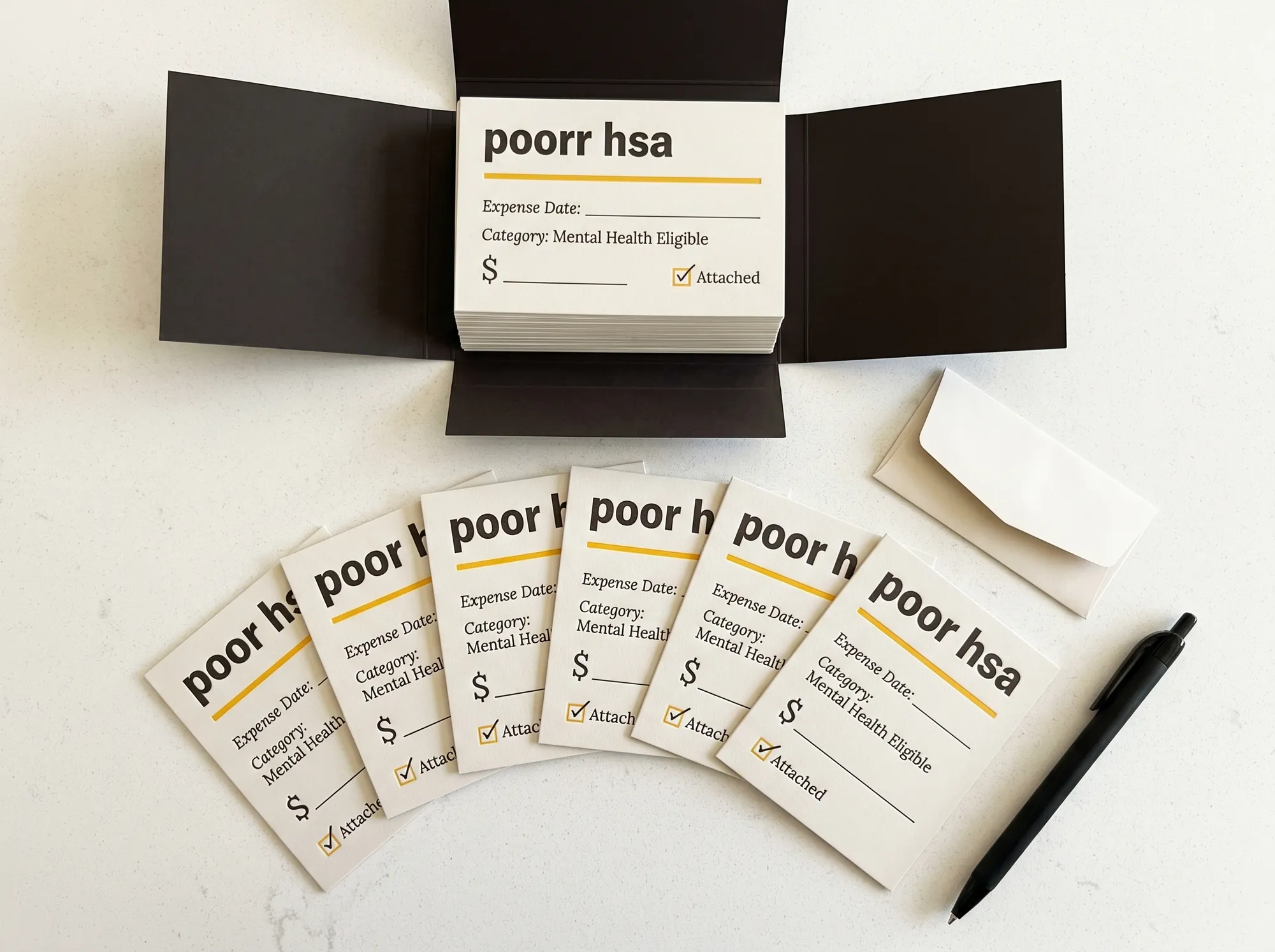 Poorr HSA Card Set (Stationery) — A flat case of fifty letterpress HSA-tracker cards — wordmark, expense-date line, mental-health-eligible category row, dollar field, citrus 'attached' checkbox.