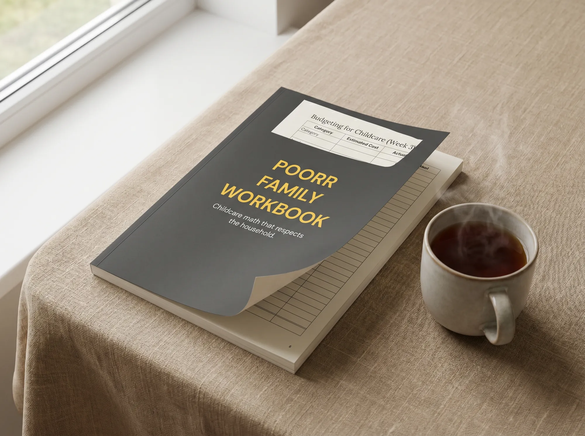 Poorr Family Workbook (Printed workbook) — A 64-page printed workbook guiding a household through the childcare decision — true-cost worksheet, second-earner model, provider-evaluation checklist, and end-of-year tax-credit reconciliation. Lora-typeset, paperback.