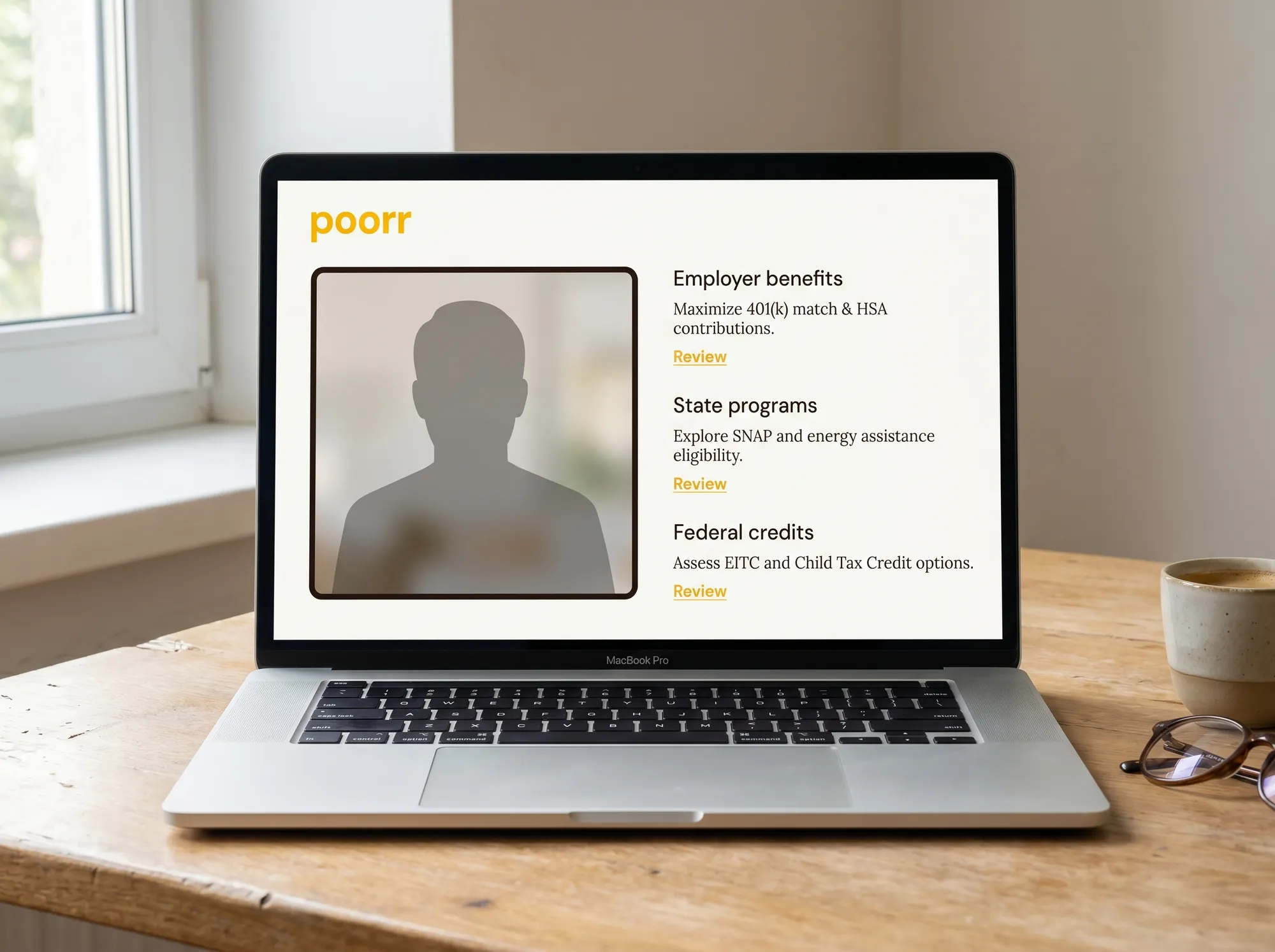 Poorr Family Advisor Session (Service) — A one-hour video session with a Poorr-vetted benefits navigator who walks the household through its employer offerings, state programs, and federal credits, and produces a written action list.