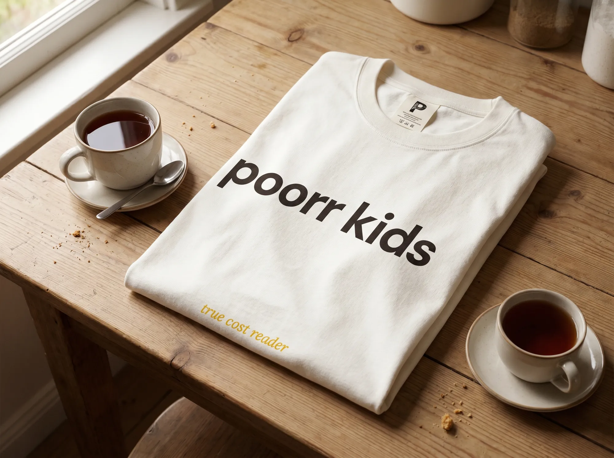 Poorr Family Tee (Apparel) — A heavyweight cream cotton tee with the wordmark in warm charcoal and a small Lora italic line at the hem reading 'true cost reader.' For Kids module subscribers.