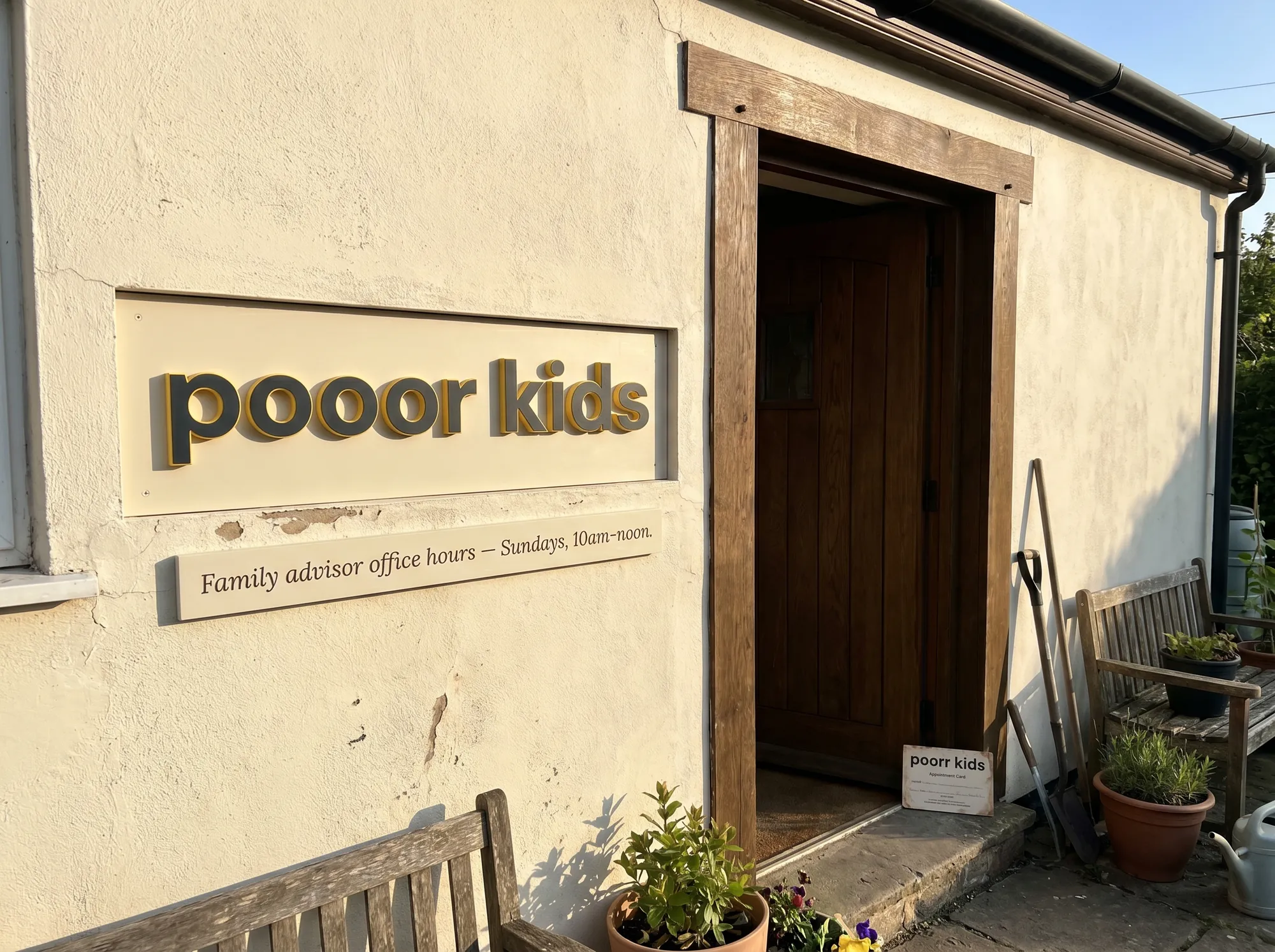 Poorr Family Office Plate (Signage) — The painted-MDF wordmark plate at the small Poorr workshop space during Family office hours — working public signage marking the family-advisor window.