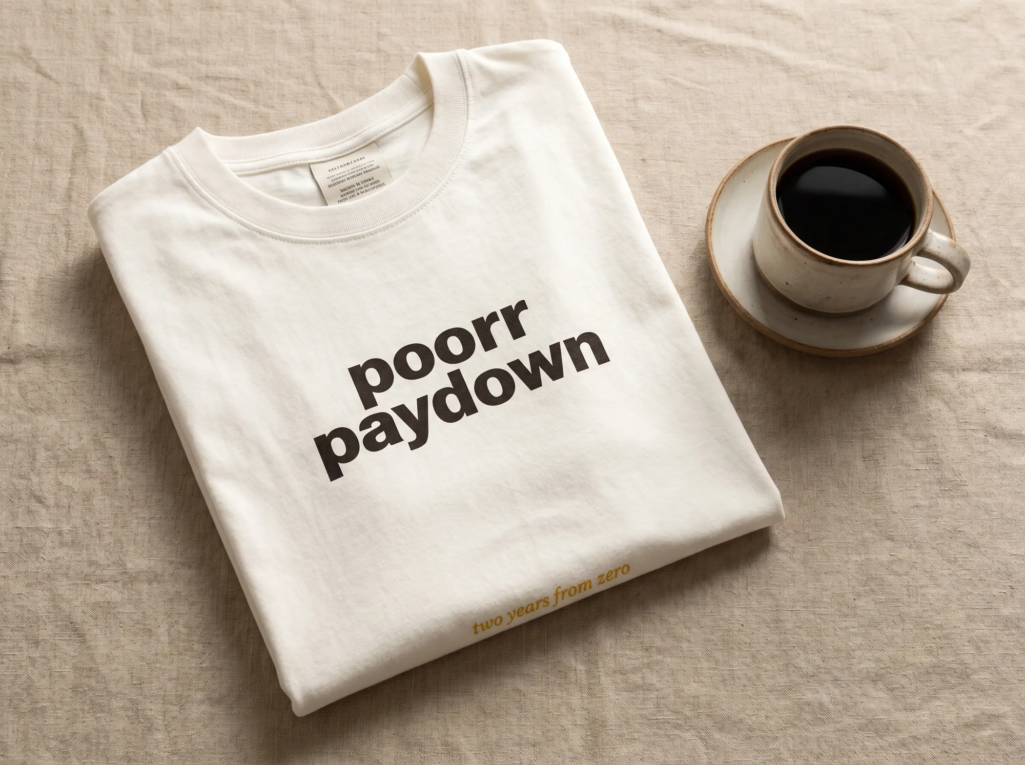 Poorr Paydown Tee (Apparel) — A heavyweight cream cotton tee with the wordmark in warm charcoal and a small Lora italic line at the hem reading 'two years from zero.' For Paydown subscribers.