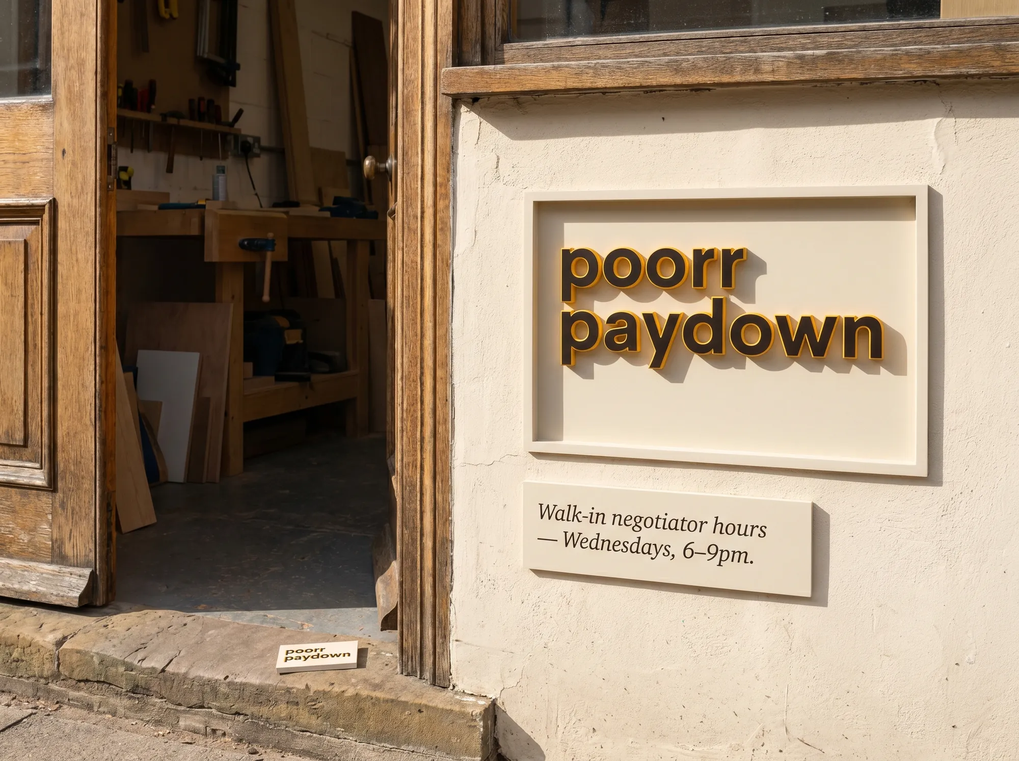 Poorr Paydown Office Plate (Signage) — The painted-MDF wordmark plate that hangs at the Poorr workshop space during Paydown office hours — working public signage marking the office-hour window.