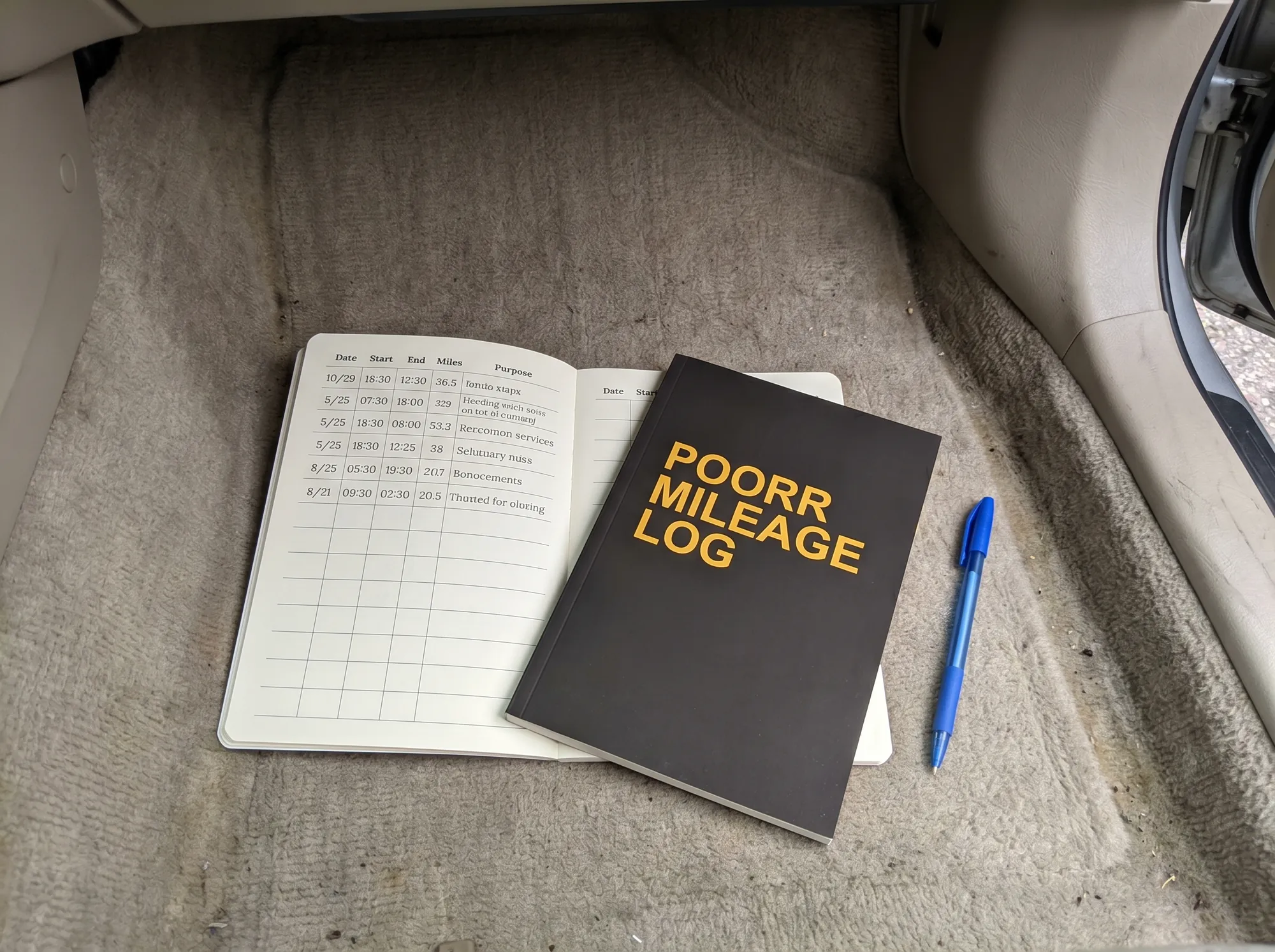 Poorr Mileage Log (Printed tool) — A 60-page paperback mileage log with pre-printed columns and month dividers, sized to fit a standard glove compartment. Audit-ready when signed and dated.