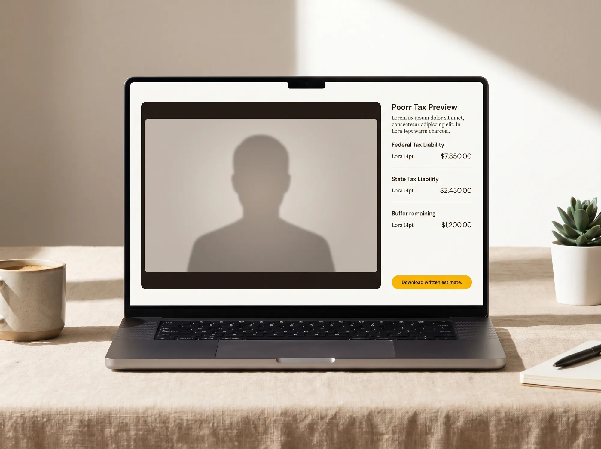 Poorr Tax Preview (Service) — An annual thirty-minute video consultation with a Poorr-vetted tax preparer in December, producing a written estimate of federal and state liability for the current year and a plan for the final deposit to the tax buffer.