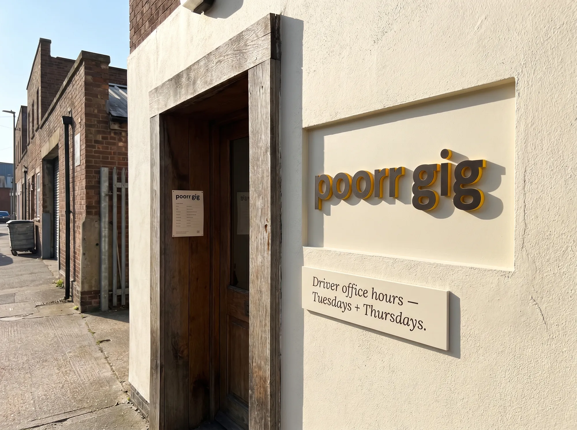 Poorr Gig Co-Working Plate (Signage) — The painted-MDF wordmark plate that hangs at gig-driver co-working spaces hosting Poorr office hours — working public signage marking the office-hour space.