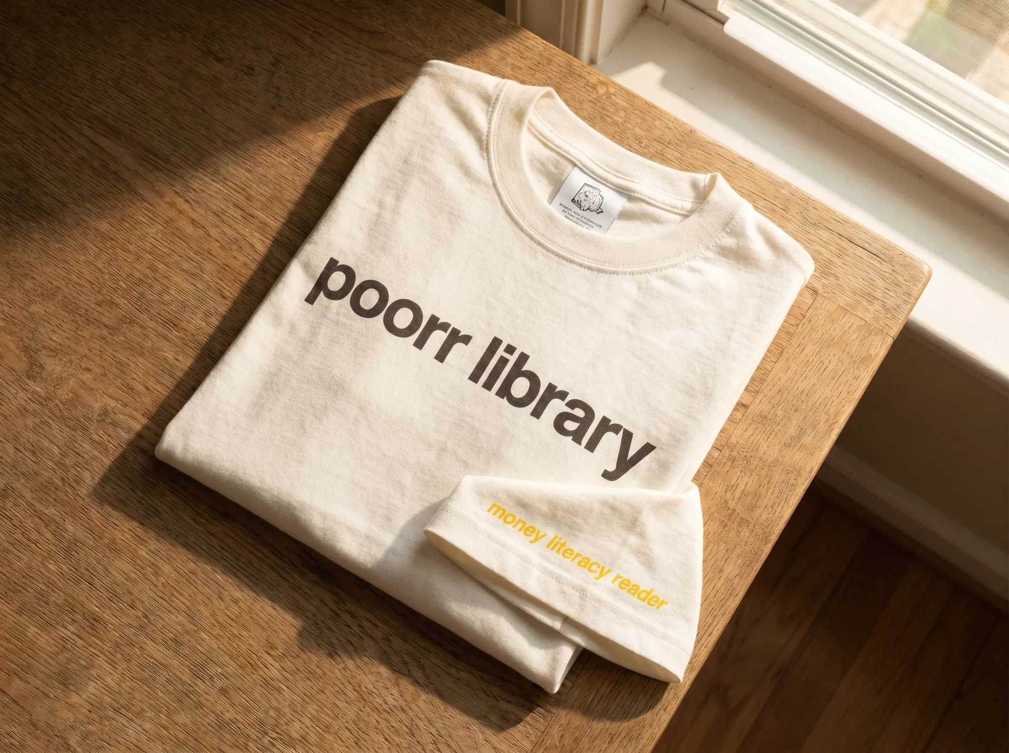 Poorr Library Tee (Apparel) — A heavyweight cream cotton tee with the wordmark in warm charcoal and a small Lora italic line at the hem reading 'money literacy reader.' For Library subscribers.