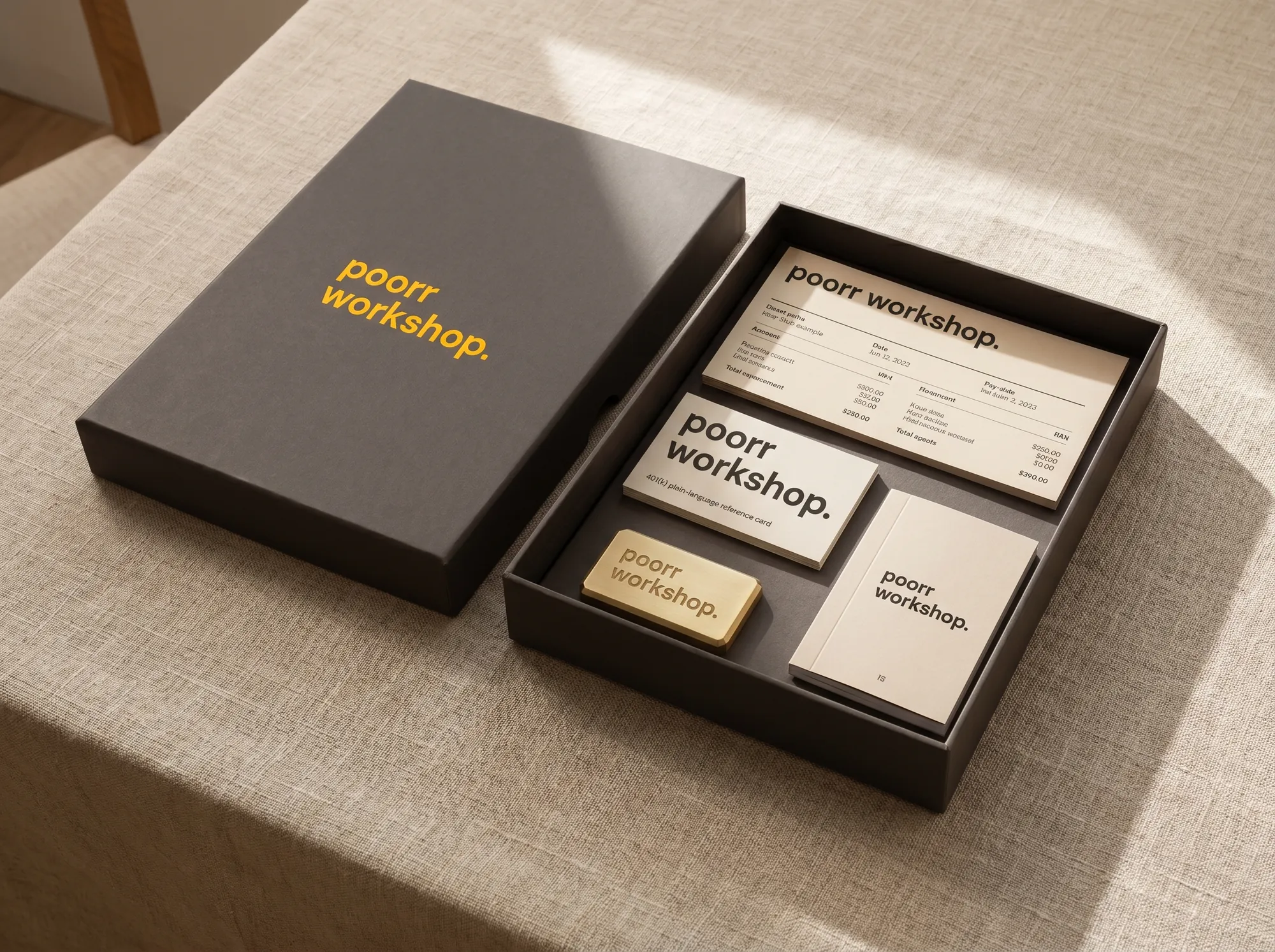 Poorr Workshop Tool Box (Boxed Kit) — A boxed kit shipped to in-person workshop attendees — printed pay-stub example, a 401(k) plain-language reference card, a brass paperweight, and a small numbered booklet.