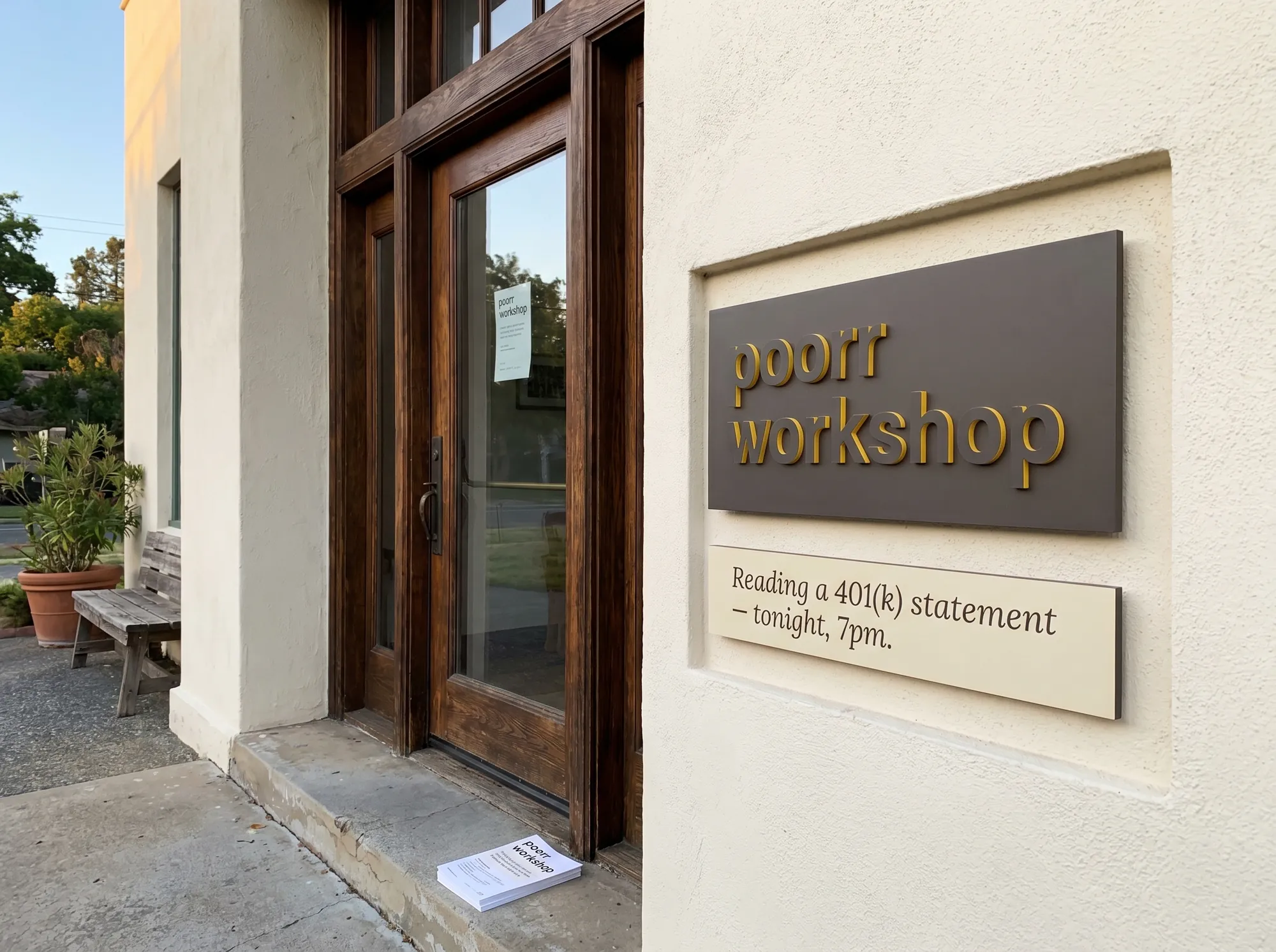 Poorr Workshop Plate (Signage) — The painted-MDF wordmark plate at venues hosting Poorr Workshop nights — working public signage marking the night's session.