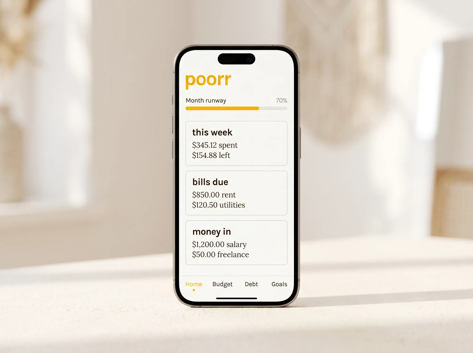 Poorr App (Mobile app) — The core iOS and Android app with account aggregation, spending categorization, a bill calendar, and a debt tracker. Free tier covers one checking account and two credit cards; paid tier unlocks the irregular-income module and the couples workflow.