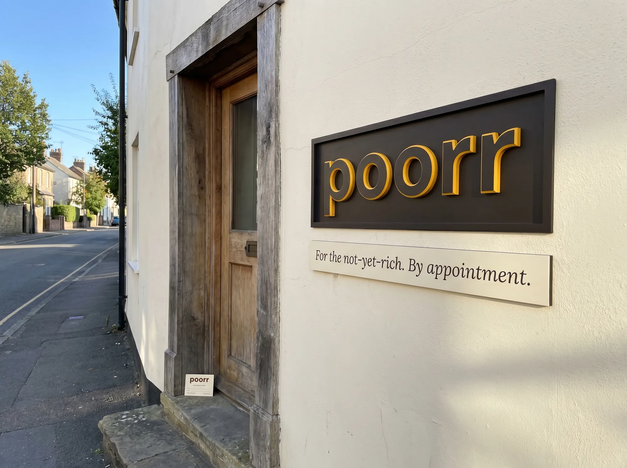 Poorr Office Plate (Signage) — The painted-MDF wordmark plate that hangs at the small Poorr workshop space — working public signage at the storefront where in-person sessions are held.