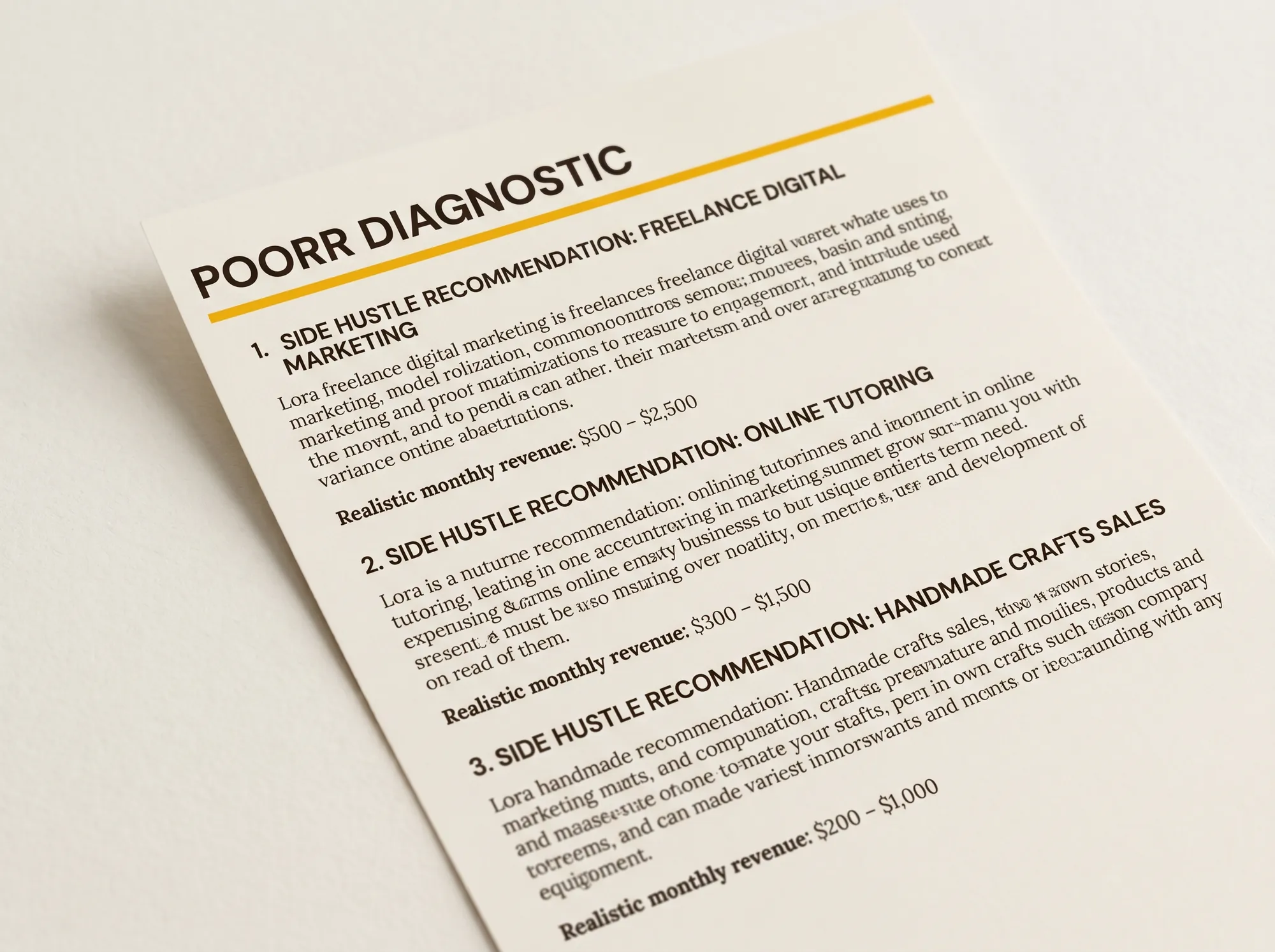 Poorr Diagnostic (Service) — A one-time written side-income diagnostic produced by a Poorr editor based on a short intake form. Includes realistic revenue estimates, a recommended sequencing, and an honest note on which ideas to avoid.