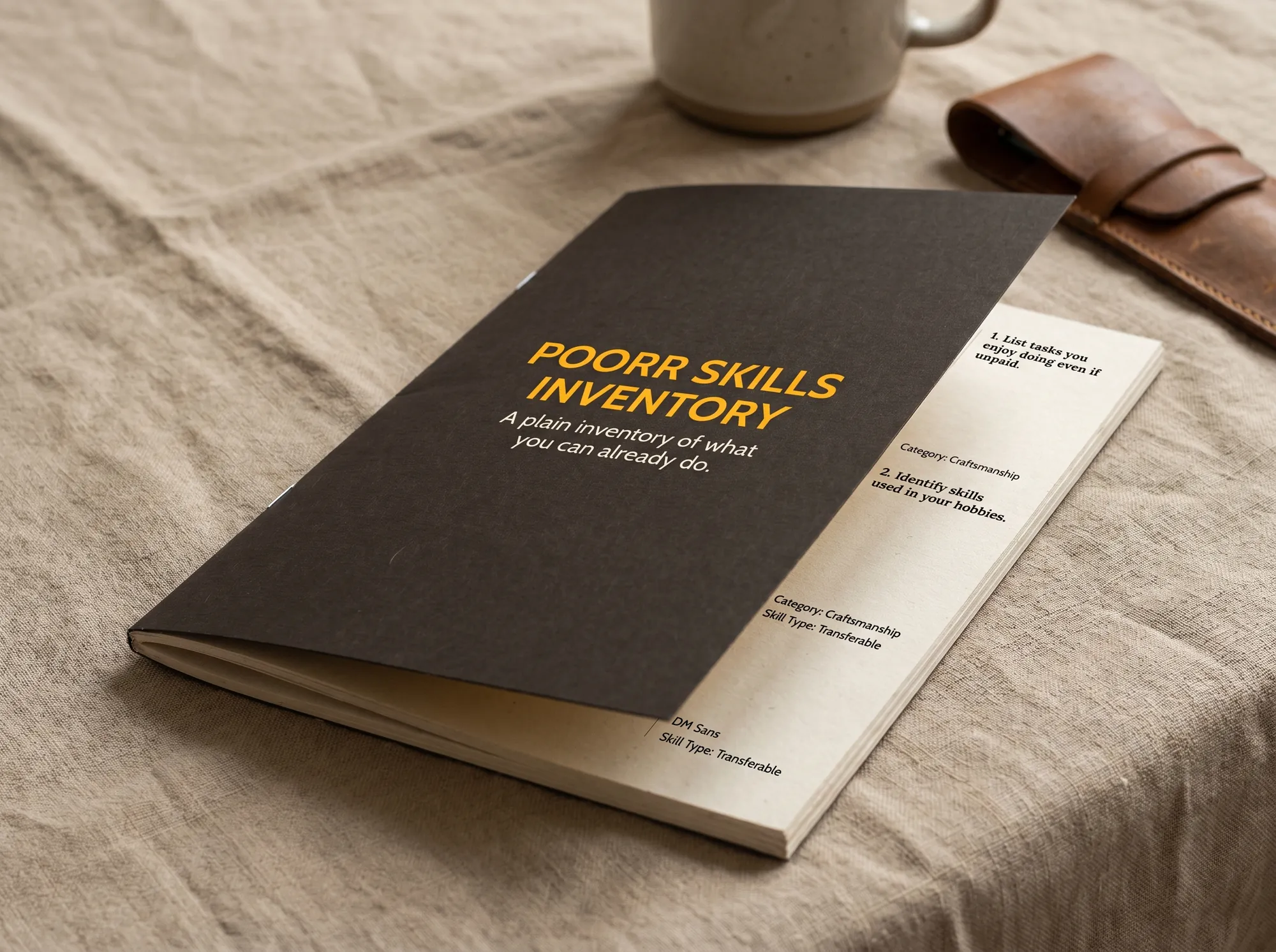 Poorr Skills Inventory (Printed workbook) — A 32-page printed workbook guiding the reader through a systematic inventory of primary-job and life skills that translate into paid secondary work. Uses the Poorr voice throughout, avoids the phrase 'passion economy.'