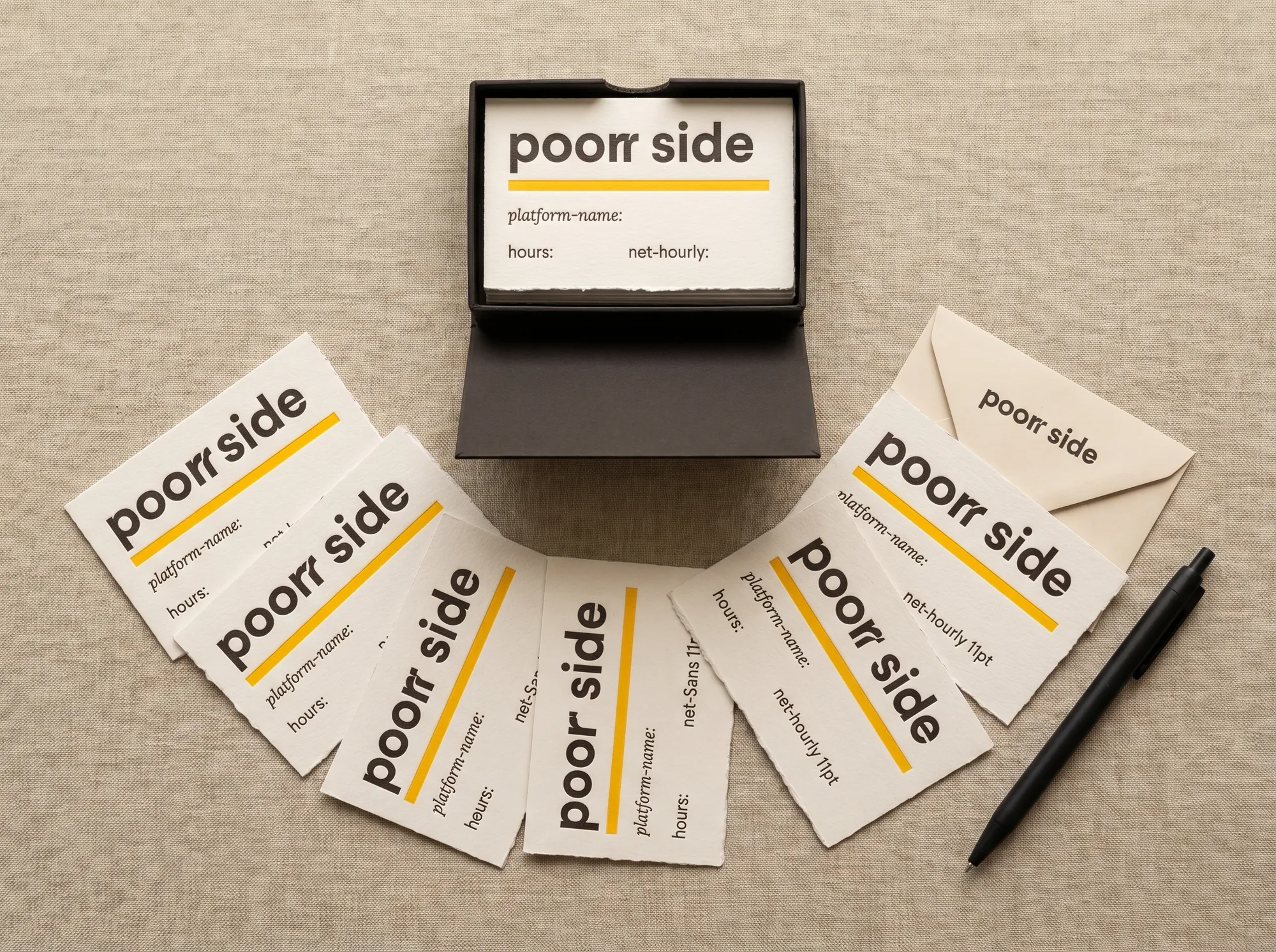 Poorr Side Card Set (Stationery) — A flat case of fifty letterpress side-income tracker cards — wordmark, platform-name field, hours row, net-hourly row, citrus rule.
