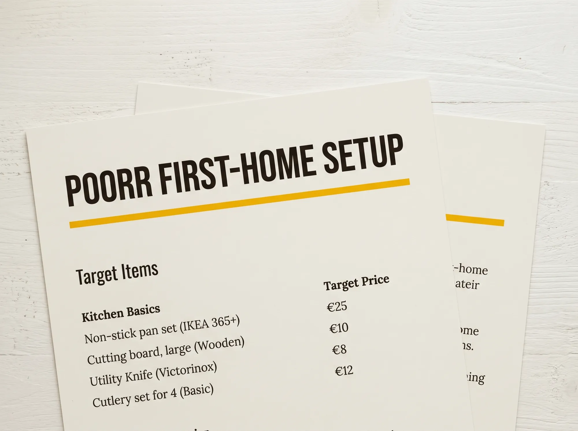 Poorr First-Home Setup (Service) — A paid one-time service producing a region-specific secondhand buying list for a first apartment or kitchen refresh. Includes platforms, target prices, sequencing, and a single written follow-up round.