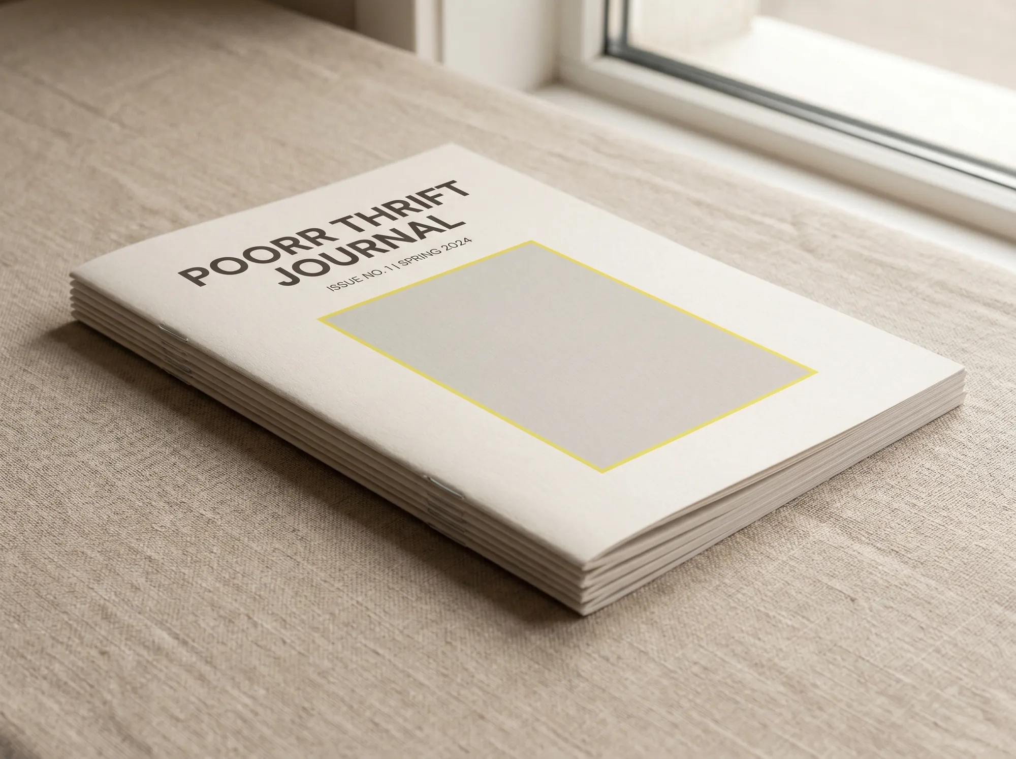 Poorr Thrift Journal (Printed journal) — A quarterly printed magazine-style journal covering specific household items and their secondhand economics, with photography, target prices, and reader-submitted finds. Lora-typeset, saddle-stitched, paperback.