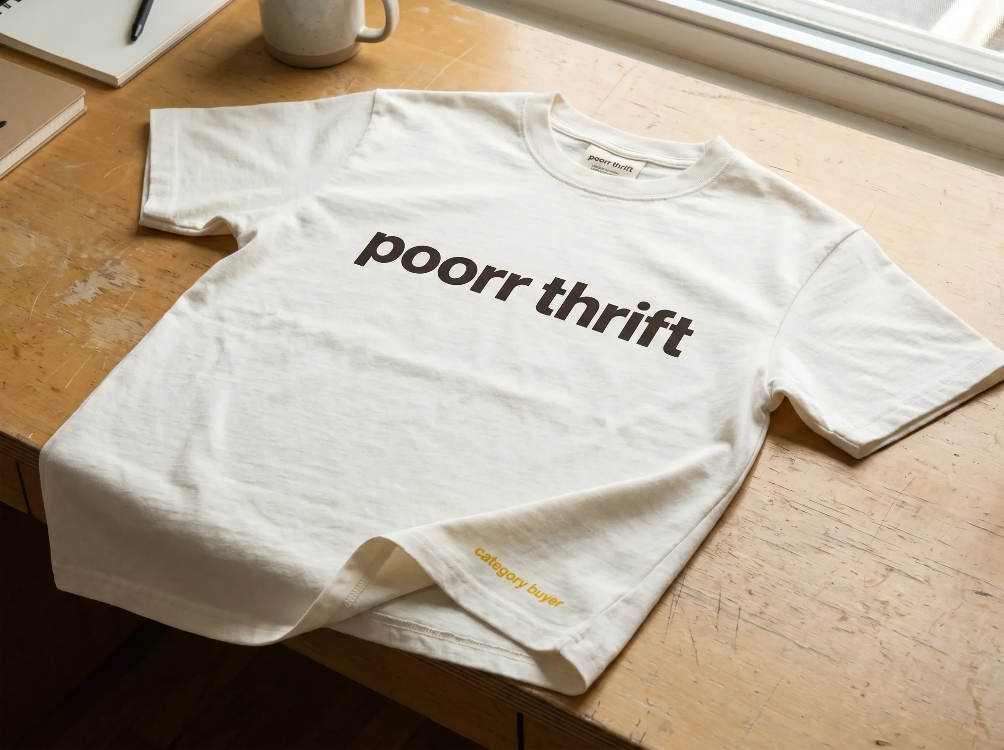 Poorr Thrift Tee (Apparel) — A heavyweight cream cotton tee with the wordmark in warm charcoal and a small Lora italic line at the hem reading 'category buyer.' For Thrift Library readers.