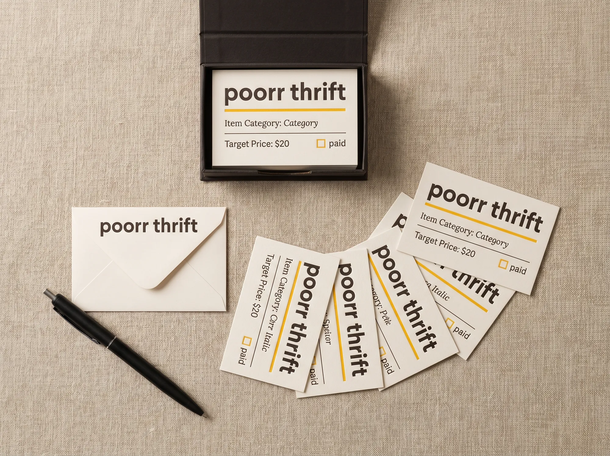 Poorr Thrift Card Set (Stationery) — A flat case of fifty letterpress target-price cards used while thrifting — wordmark, item-category field, target-price row, citrus 'paid' checkbox.