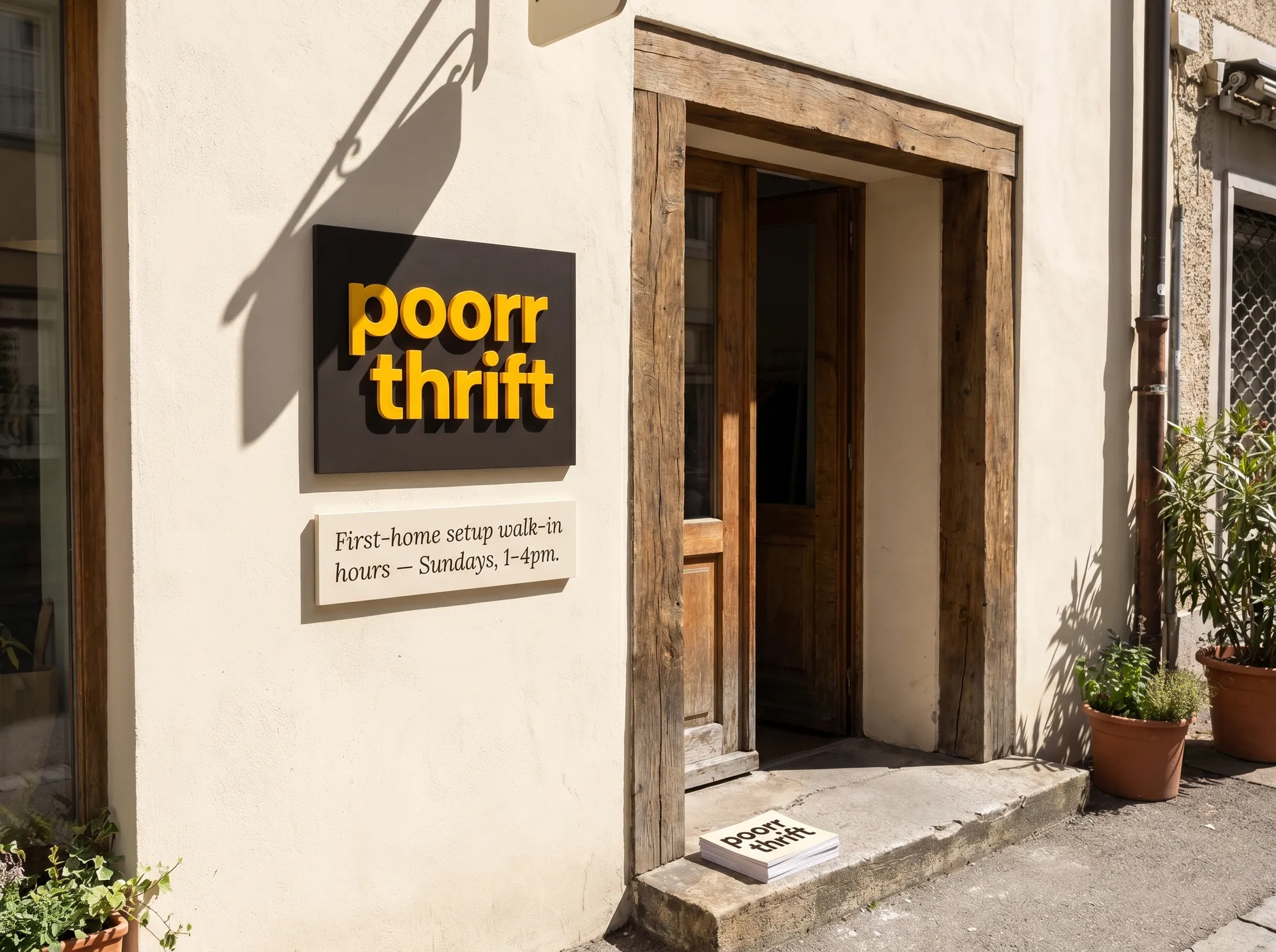 Poorr Thrift Plate (Signage) — The painted-MDF wordmark plate at thrift-store partners hosting Poorr Thrift Library office hours — working public signage marking the partnership.